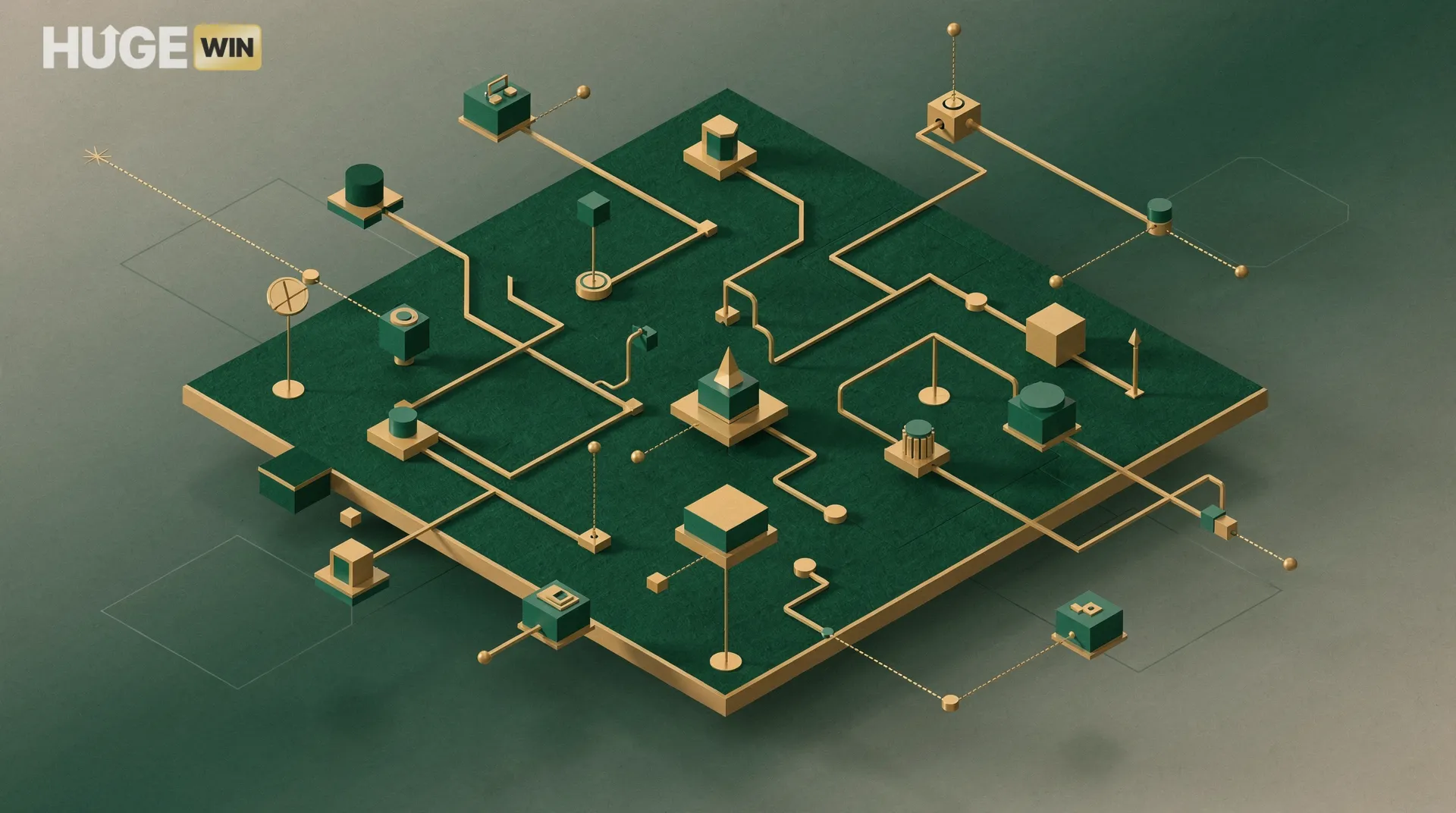 strategic abstract pattern with emerald green felt and golden accents, technolog