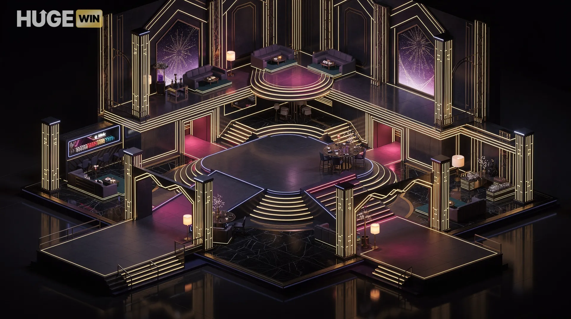 glamorous entertainment venue with neon lights and art deco architecture, user e