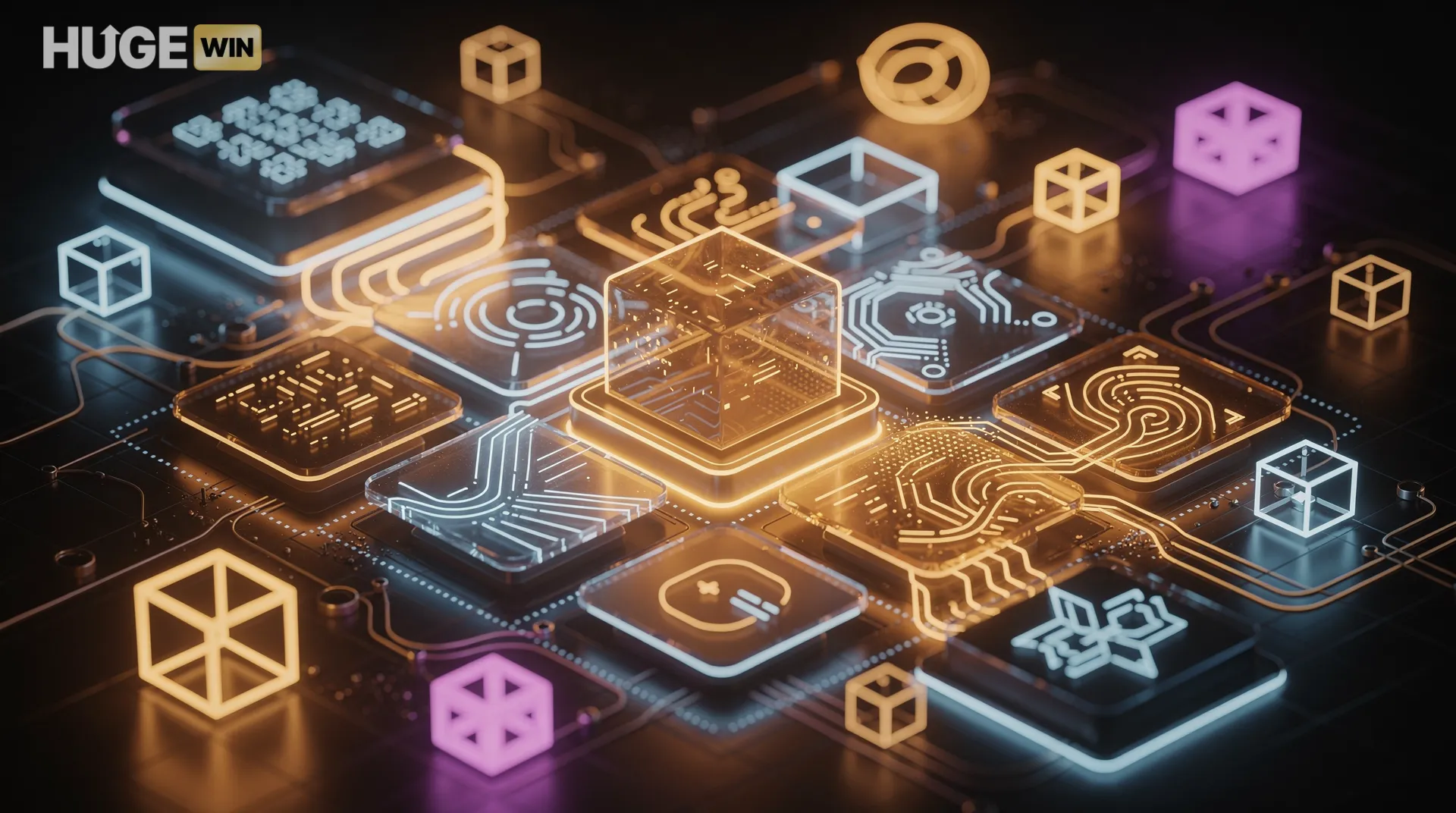 abstract digital entertainment with vibrant neon lights and geometric shapes, us